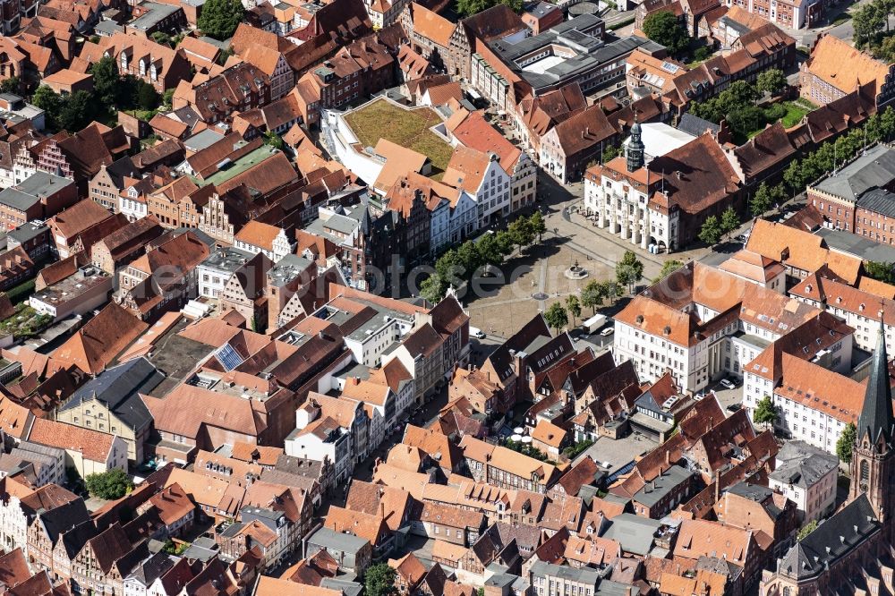 Lüneburg from above - Town Hall building of the City Council at the market downtown in Lueneburg in the state Lower Saxony, Germany