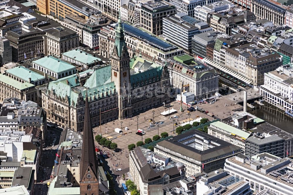Hamburg from above - Town Hall building of the City Council at the market downtown in the district Hamburg-Mitte in Hamburg, Germany
