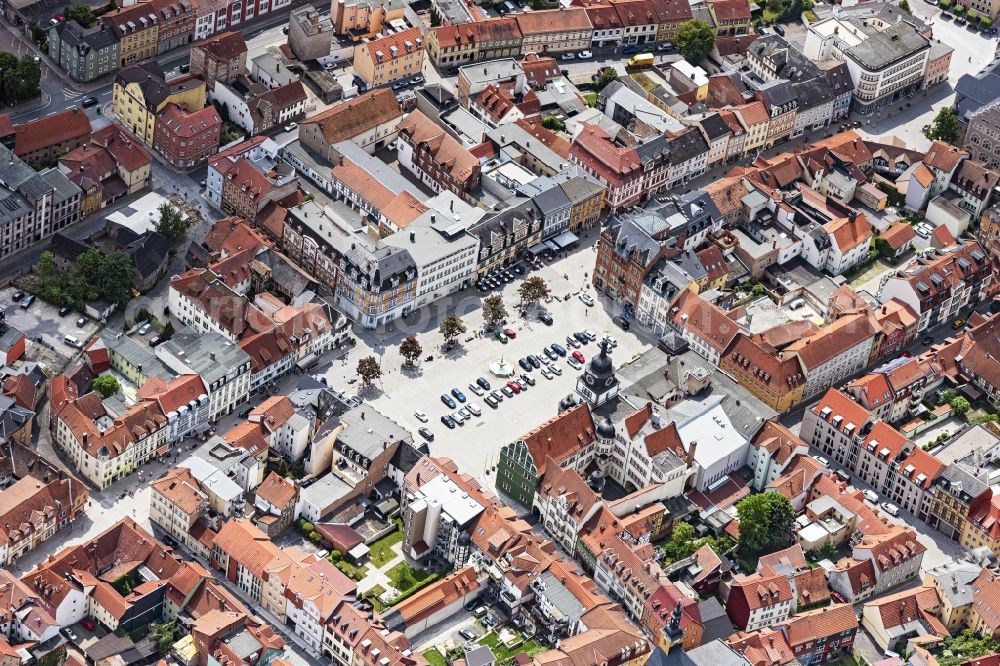 Aerial image Rudolstadt - Town Hall building of the City Council at the market downtown in Rudolstadt in the state Thuringia, Germany