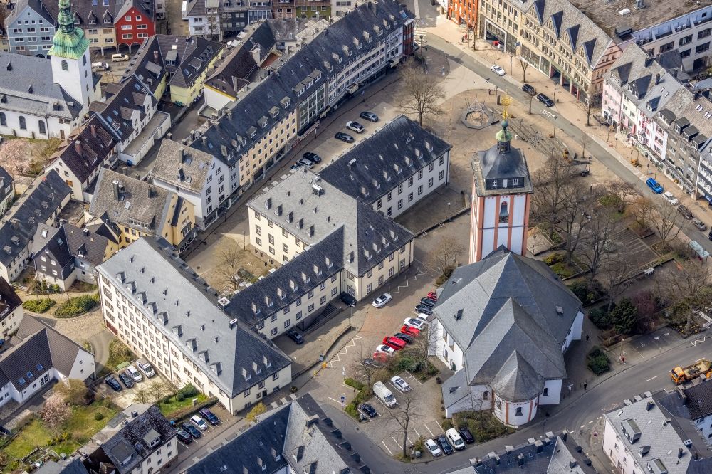 Siegen from the bird's eye view: Town Hall building of the City Council at the market downtown in Siegen on Siegerland in the state North Rhine-Westphalia, Germany