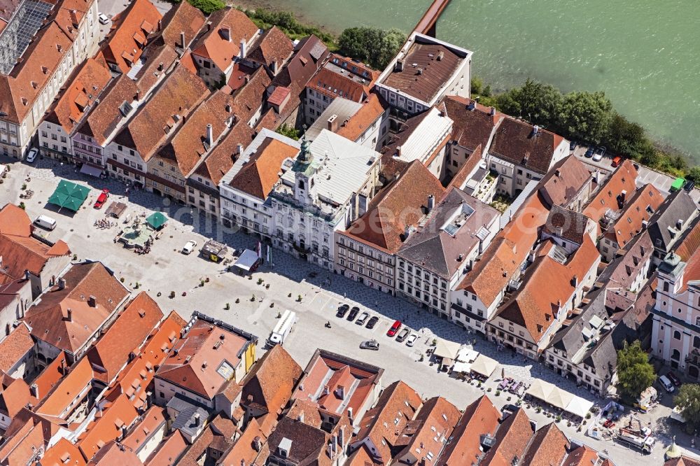 Aerial image Steyr - Town Hall building of the City Council at the market downtown in Steyr in Oberoesterreich, Austria