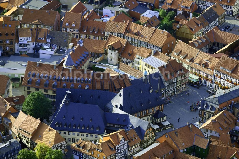 Aerial image Wernigerode - Town Hall building of the City Council at the market downtown in Wernigerode in the state Saxony-Anhalt, Germany