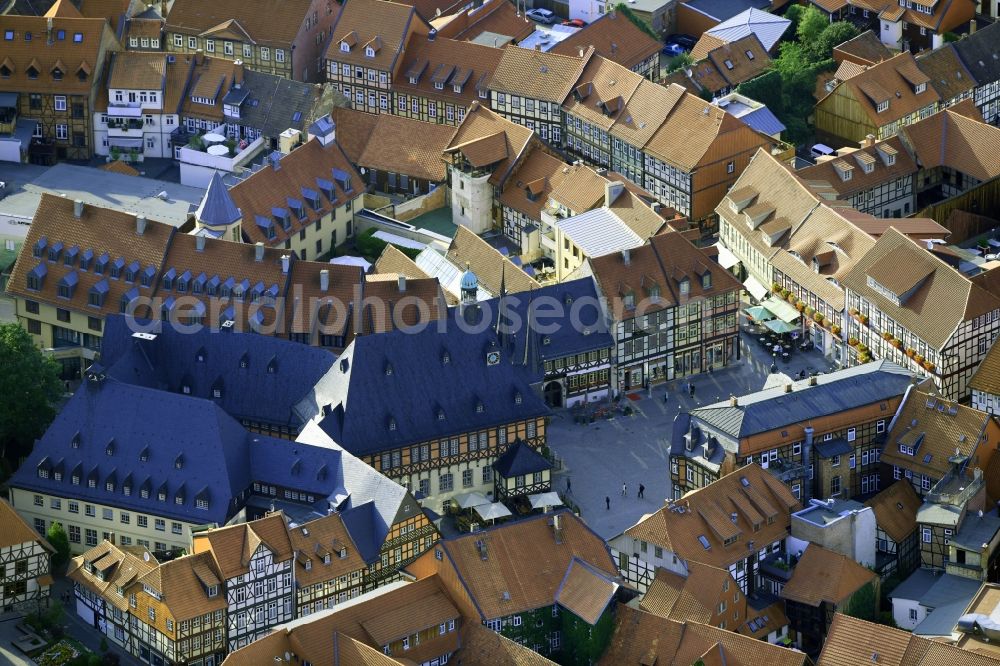 Aerial photograph Wernigerode - Town Hall building of the City Council at the market downtown in Wernigerode in the state Saxony-Anhalt, Germany