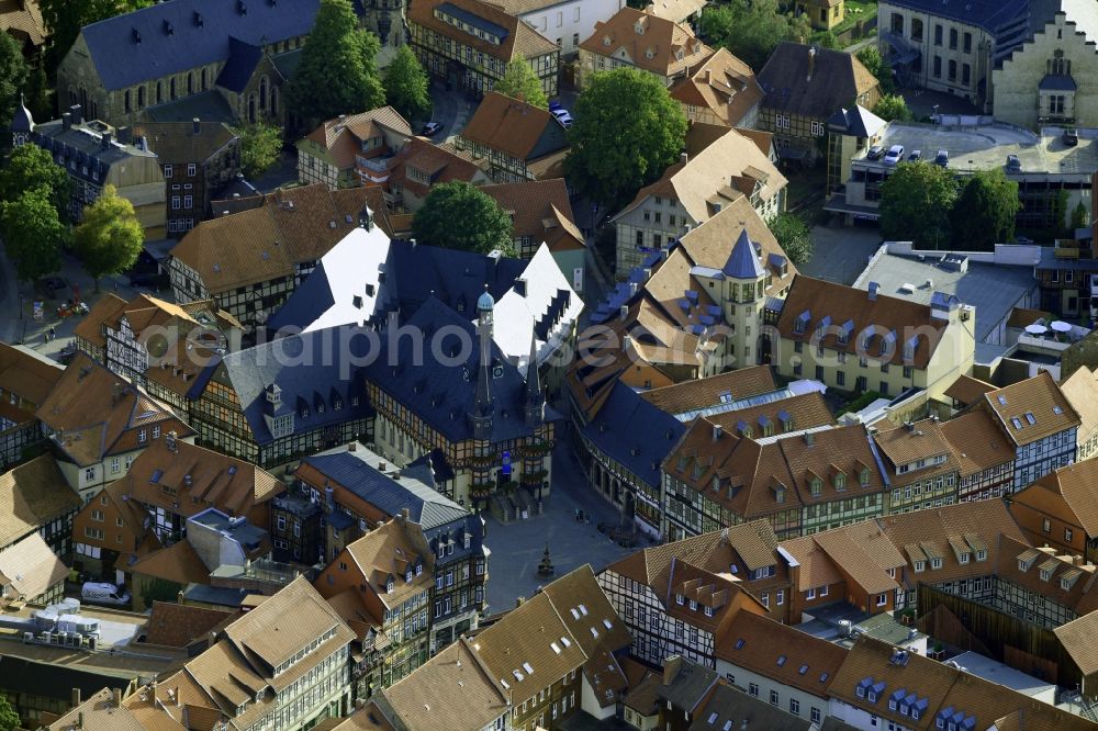 Wernigerode from above - Town Hall building of the City Council at the market downtown in Wernigerode in the state Saxony-Anhalt, Germany