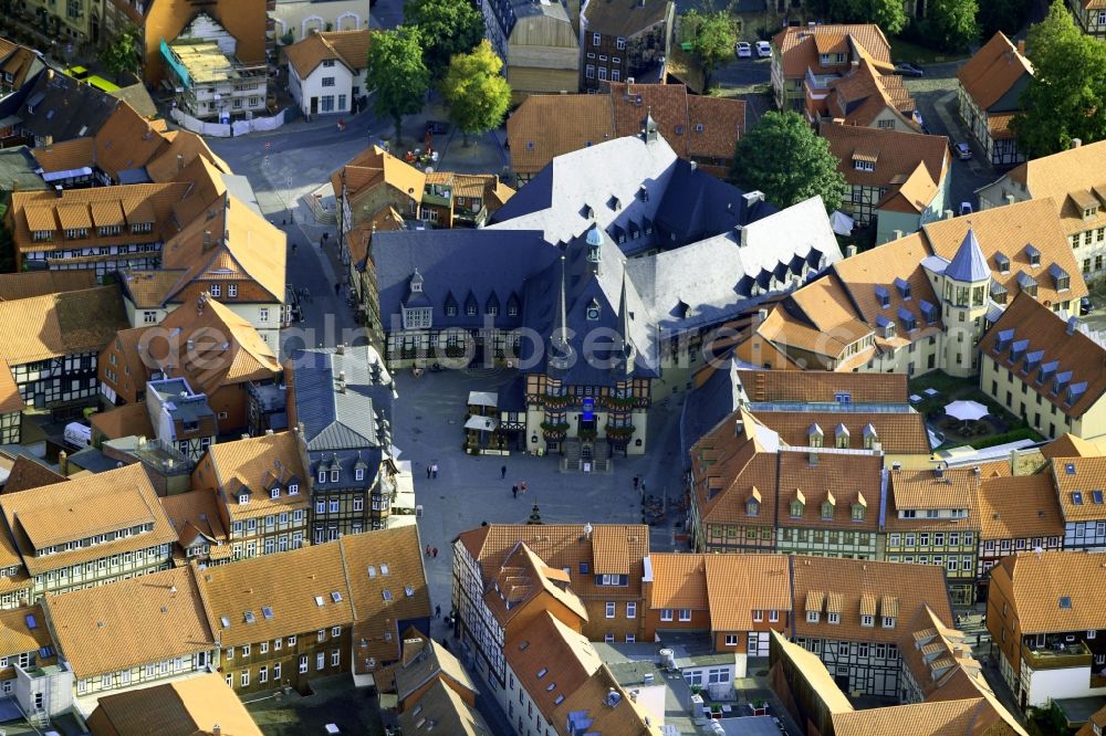 Wernigerode from the bird's eye view: Town Hall building of the City Council at the market downtown in Wernigerode in the state Saxony-Anhalt, Germany
