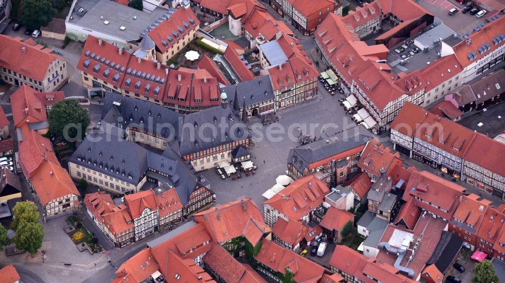 Wernigerode from above - Town Hall building of the City Council at the market downtown in Wernigerode in the state Saxony-Anhalt, Germany