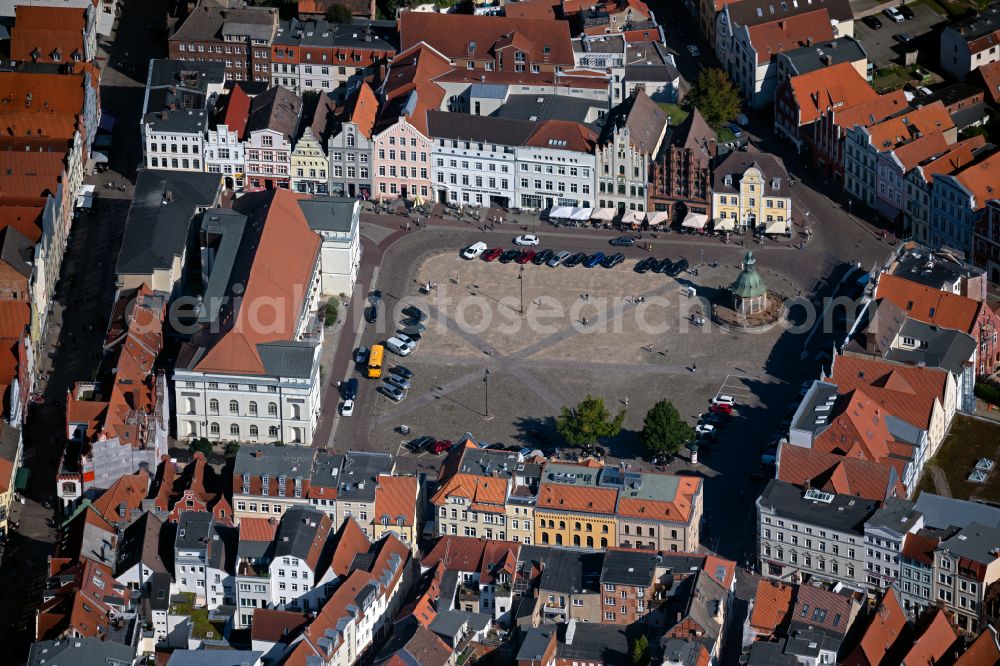 Wismar from above - Town Hall building of the City Council at the market downtown in Wismar at the baltic coast in the state Mecklenburg - Western Pomerania, Germany