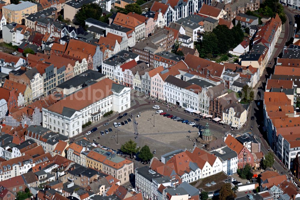 Wismar from above - Town Hall building of the City Council at the market downtown in Wismar in the state Mecklenburg - Western Pomerania, Germany