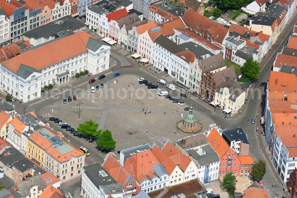 Hansestadt Wismar from above - Town Hall building of the City Council at the market downtown in Wismar at the baltic coast in the state Mecklenburg - Western Pomerania, Germany