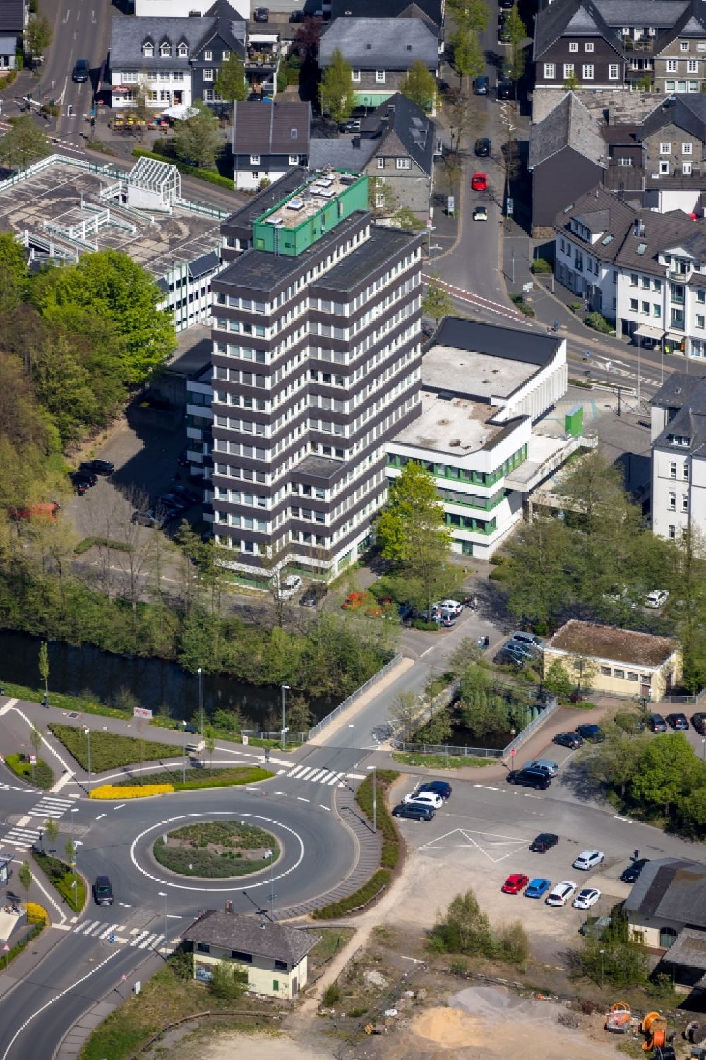 Aerial image Olpe - Town Hall building of the city administration on Franziskanerstrasse in Olpe in the state North Rhine-Westphalia, Germany