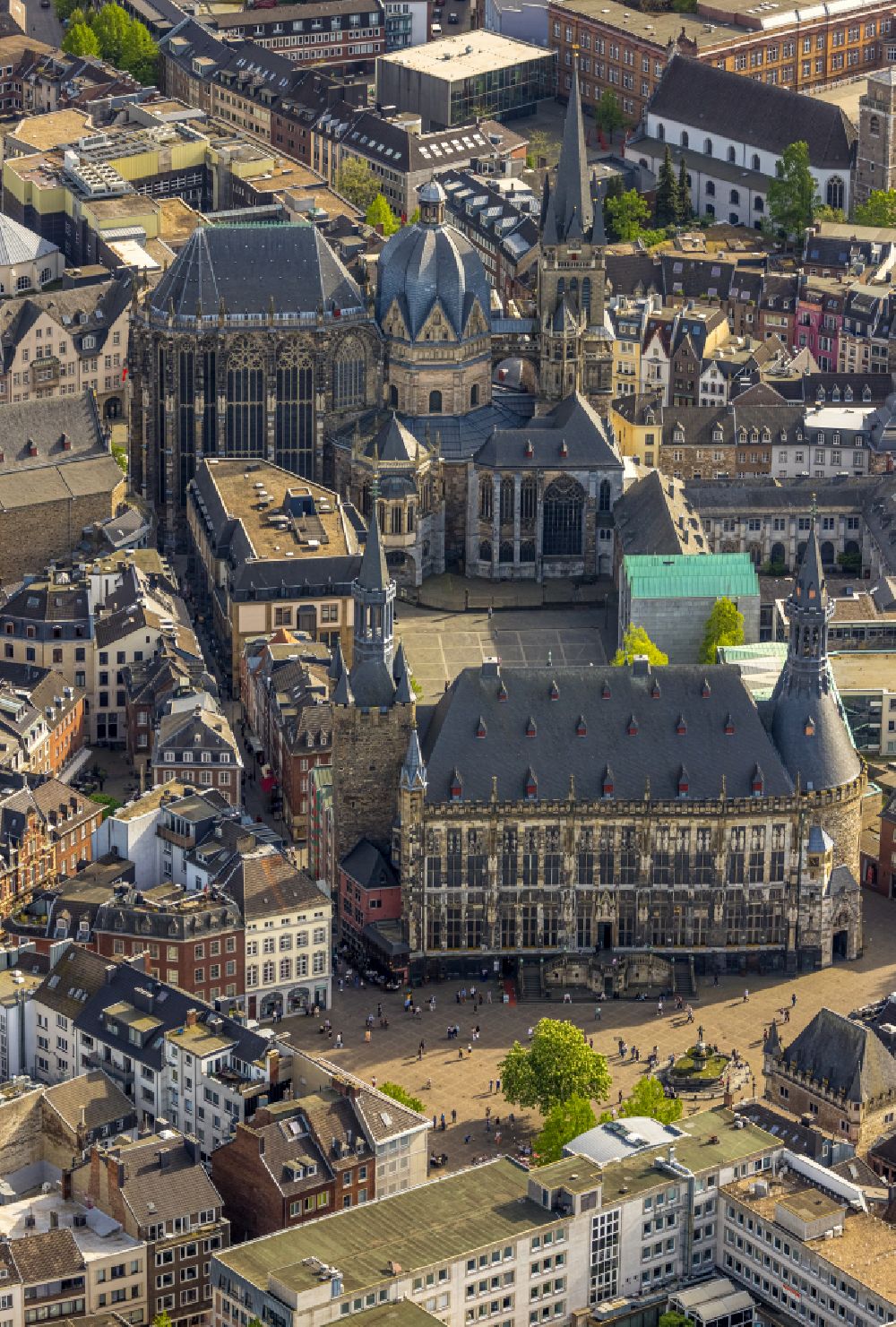 Aachen from above - Town Hall building of the City Council at the market downtown in the district Aachen-Mitte in Aachen in the state North Rhine-Westphalia, Germany