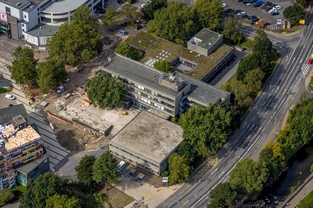 Aerial image Gevelsberg - Town Hall building of the city administration of Stadt Gevelsberg with a construction site at the city archive on Rathausplatz overlooking the local police station in the district Heck in Gevelsberg in the state North Rhine-Westphalia, Germany