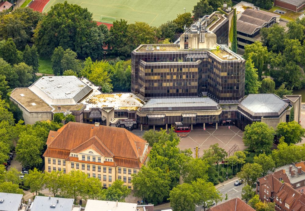 Ahlen from above - Building of the City Hall of the City Administration, the City Library and the Ahlen City Hall on Rathausplatz on street Bruno-Wagler-Weg in Ahlen in the federal state of North Rhine-Westphalia, Germany