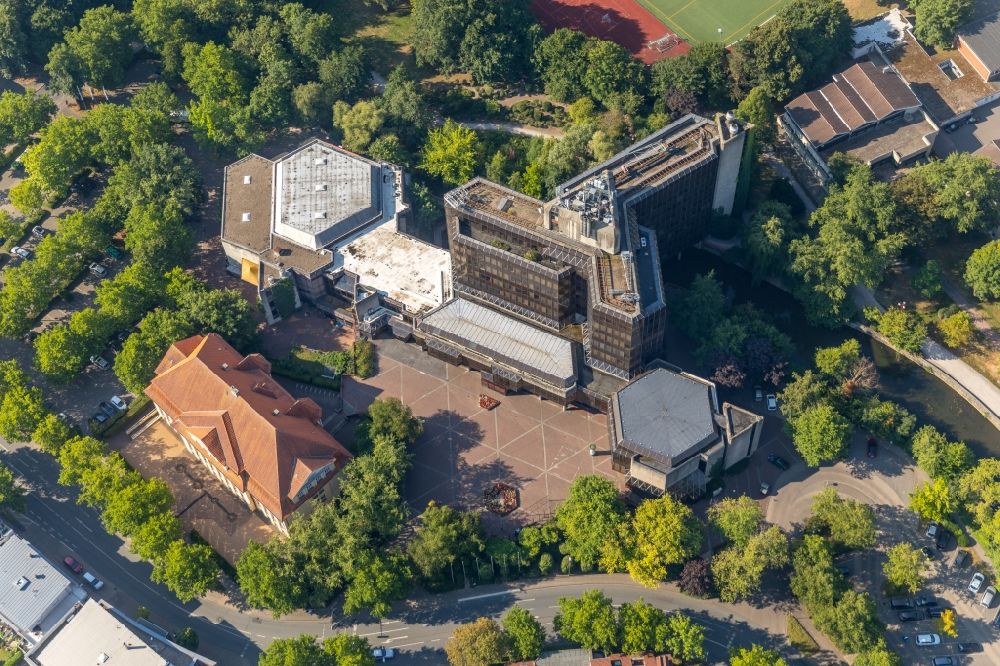 Ahlen from above - Building of the City Hall of the City Administration, the City Library and the Ahlen City Hall on Rathausplatz in Ahlen in the federal state of North Rhine-Westphalia, Germany