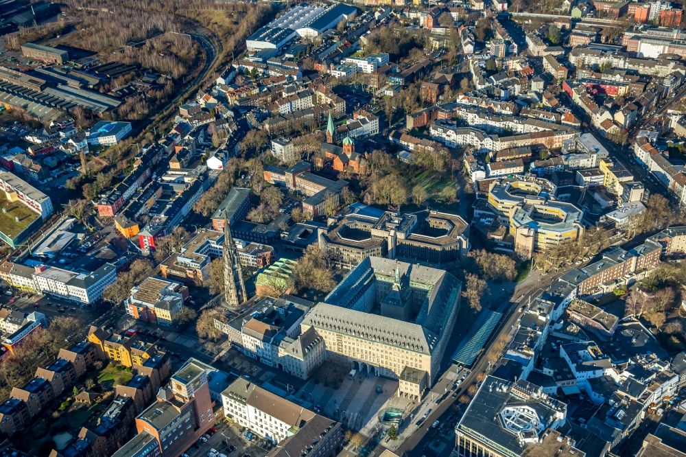 Bochum from above - Building of the city administration - city hall, the town library and the technical city hall in the city centre in Bochum in the federal state North Rhine-Westphalia