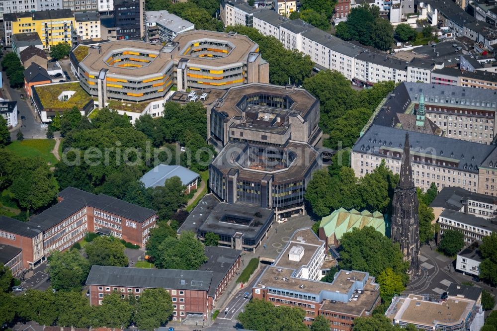 Bochum from above - Building of the city administration - city hall, the town library and the technical city hall in the city centre in the district Innenstadt in Bochum in the federal state North Rhine-Westphalia