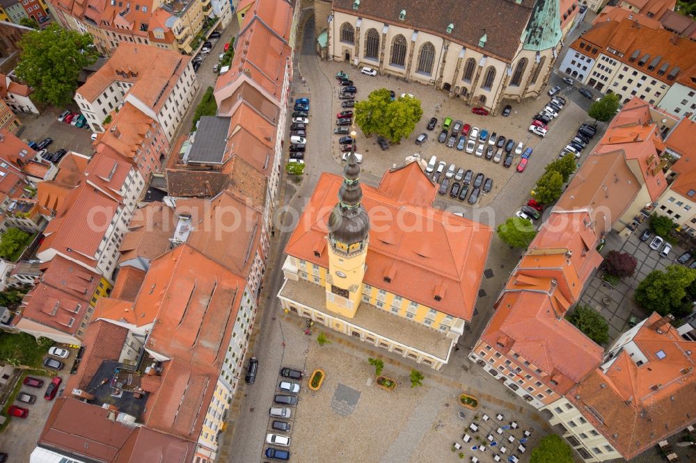 Aerial image Bautzen - Town Hall building of the City Council at the market downtown in Bautzen in the state Saxony, Germany