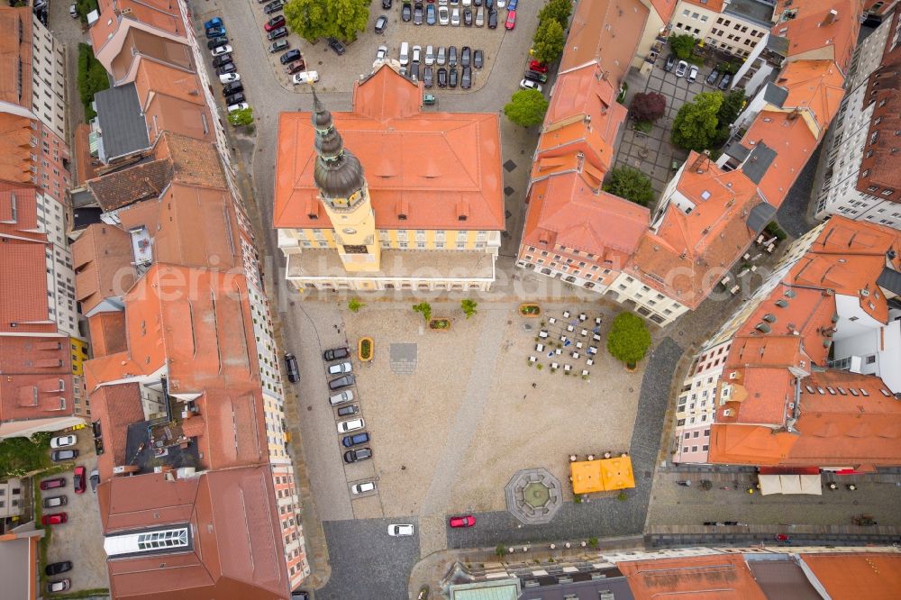 Bautzen from above - Town Hall building of the City Council at the market downtown in Bautzen in the state Saxony, Germany