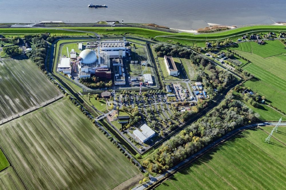 Aerial image Brokdorf - Building the decommissioned reactor units and systems of the NPP - NPP nuclear power plant in Brokdorf in the state Schleswig-Holstein, Germany