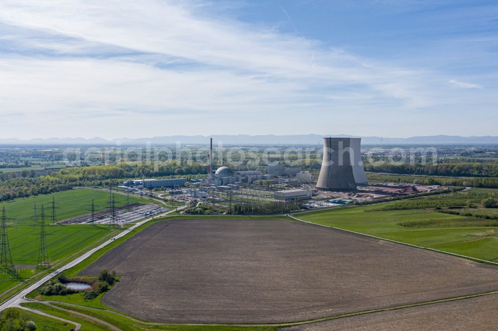 Philippsburg from the bird's eye view: Building the decommissioned reactor units and systems of the NPP - NPP nuclear power plant EnBW Kernkraft GmbH, Kernkraftwerk Philippsburg in Philippsburg in the state Baden-Wurttemberg, Germany