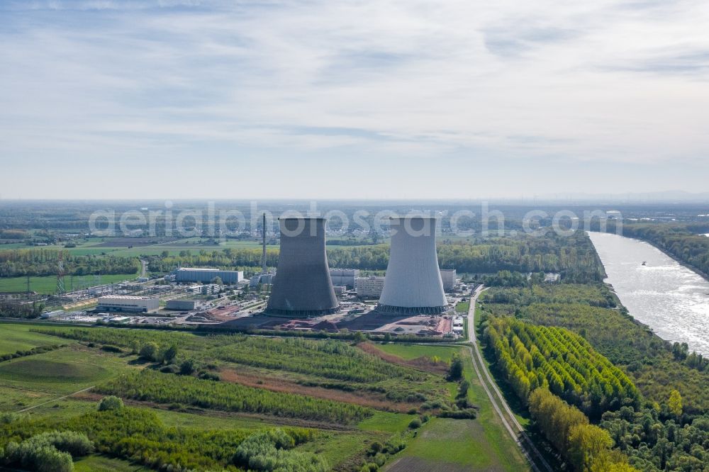 Aerial image Philippsburg - Building the decommissioned reactor units and systems of the NPP - NPP nuclear power plant EnBW Kernkraft GmbH, Kernkraftwerk Philippsburg in Philippsburg in the state Baden-Wurttemberg, Germany