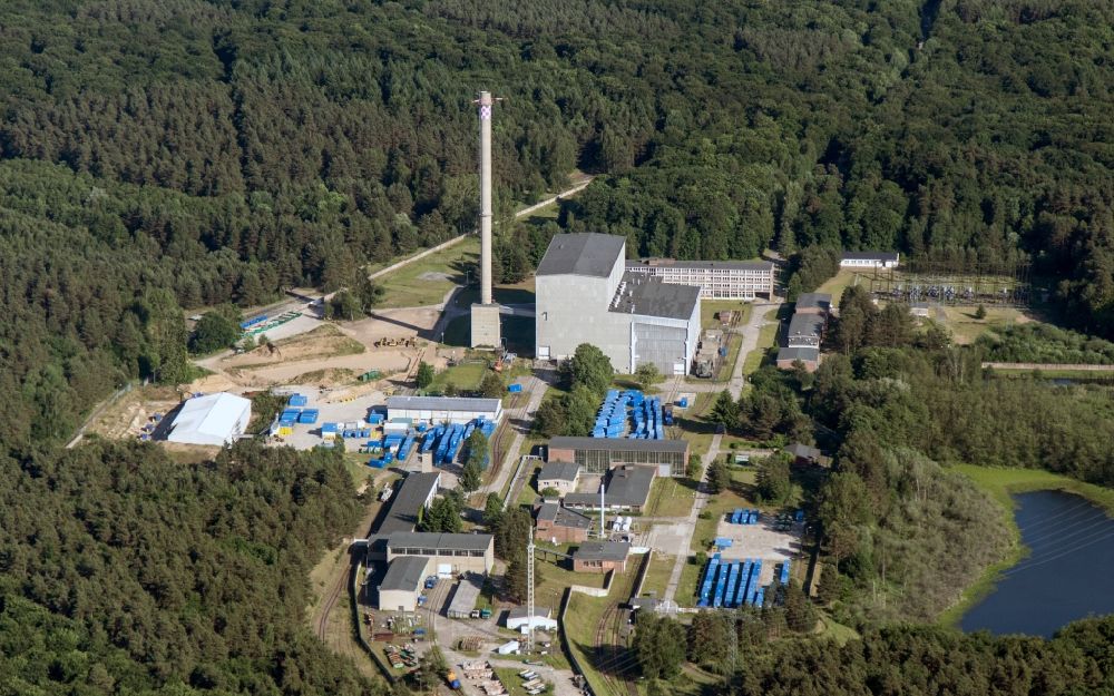 Rheinsberg from the bird's eye view: Building the decommissioned reactor units and systems of the NPP - NPP nuclear power plant in Rheinsberg in the state Brandenburg, Germany