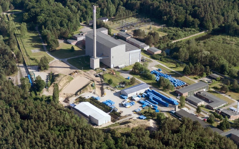Aerial photograph Rheinsberg - Building the decommissioned reactor units and systems of the NPP - NPP nuclear power plant in Rheinsberg in the state Brandenburg, Germany