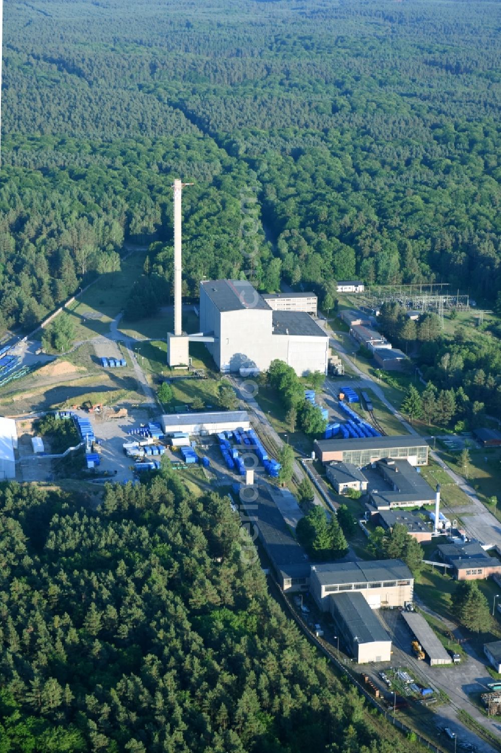 Rheinsberg from above - Building the decommissioned reactor units and systems of the NPP - NPP nuclear power plant in Rheinsberg in the state Brandenburg, Germany