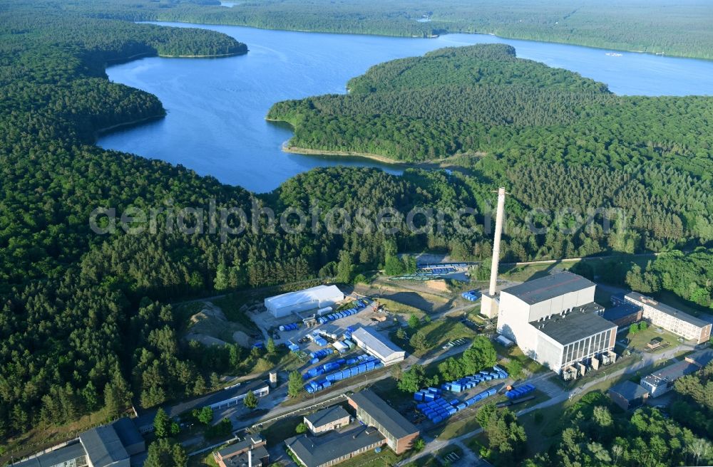 Aerial image Rheinsberg - Building the decommissioned reactor units and systems of the NPP - NPP nuclear power plant in Rheinsberg in the state Brandenburg, Germany