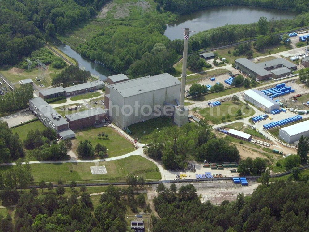 Rheinsberg from the bird's eye view: Building the decommissioned reactor units and systems of the NPP - NPP nuclear power plant in Rheinsberg in the state Brandenburg, Germany