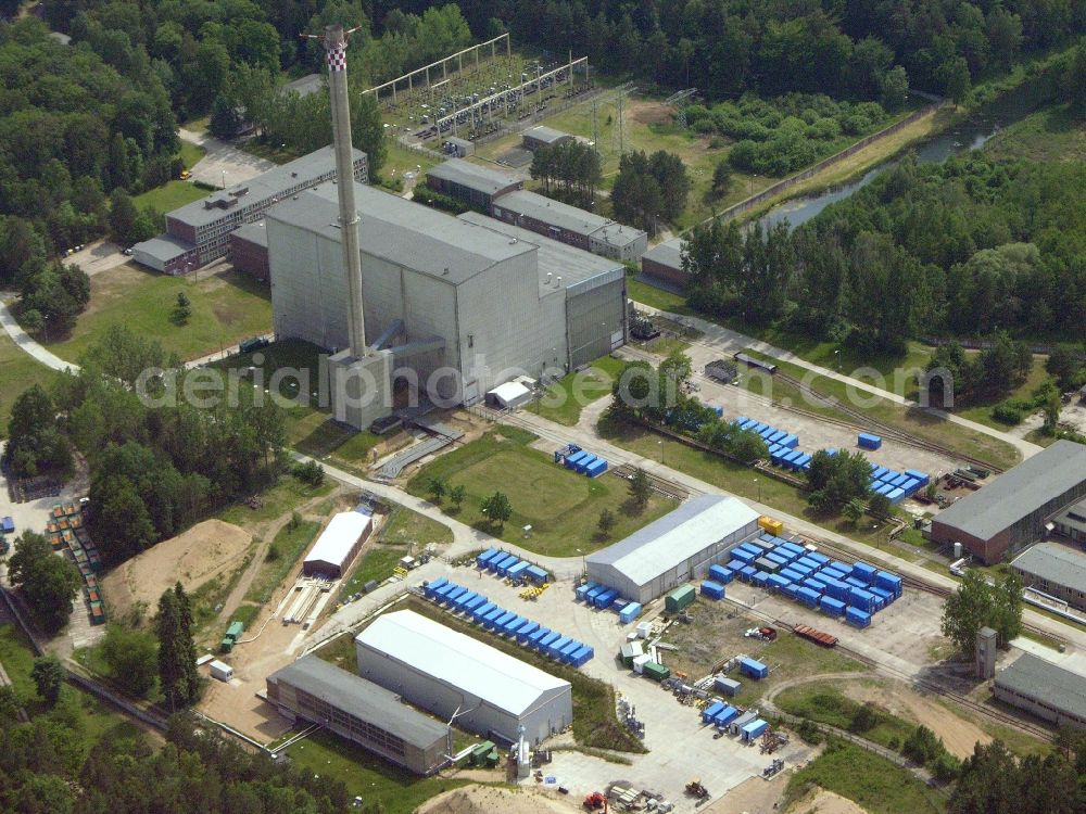Rheinsberg from above - Building the decommissioned reactor units and systems of the NPP - NPP nuclear power plant in Rheinsberg in the state Brandenburg, Germany