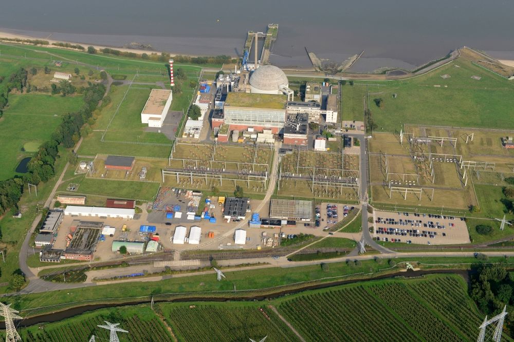 Stade from the bird's eye view: Building the decommissioned reactor units and systems of the NPP - NPP nuclear power plant in Stadersand in the state Lower Saxony