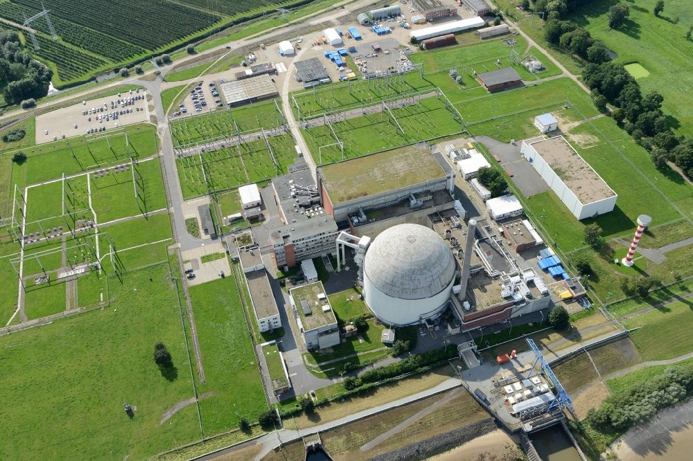 Stade from the bird's eye view: Building the decommissioned reactor units and systems of the NPP - NPP nuclear power plant in Stadersand in the state Lower Saxony