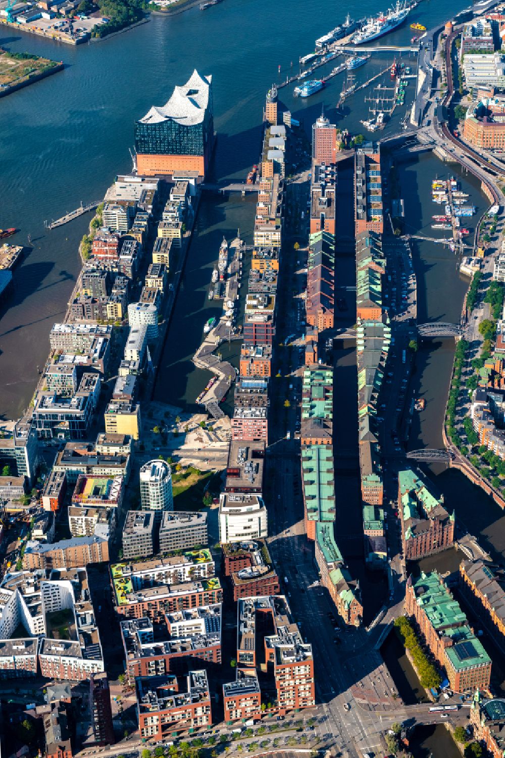 Hamburg from above - Buildings, streets and canals of the Hafencity and Speicherstadt in Hamburg, Germany