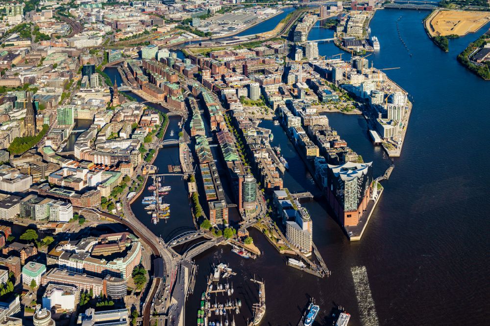 Hamburg from the bird's eye view: Buildings, streets and canals of the Hafencity and Speicherstadt in Hamburg, Germany