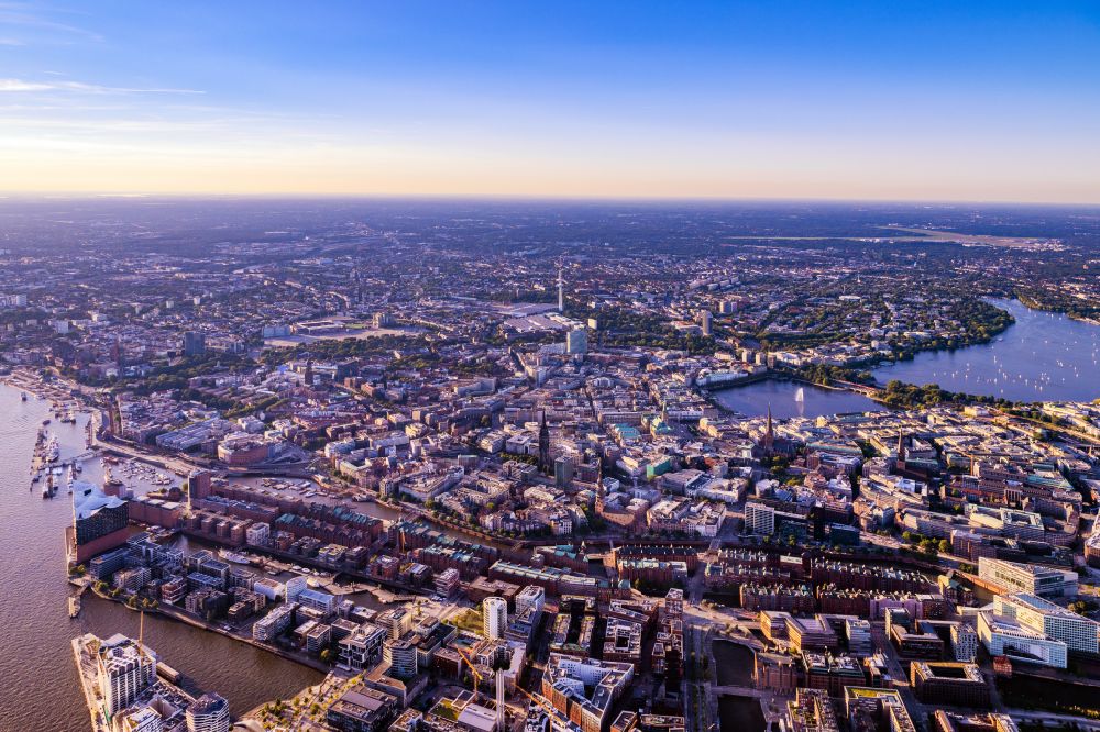 Hamburg from above - Buildings, streets and canals of the Hafencity and Speicherstadt in Hamburg, Germany