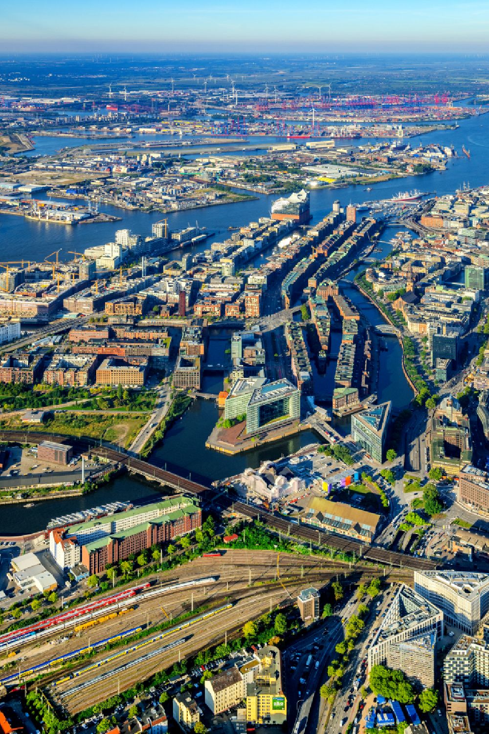 Aerial photograph Hamburg - Buildings, streets and canals of the Hafencity and Speicherstadt in Hamburg, Germany