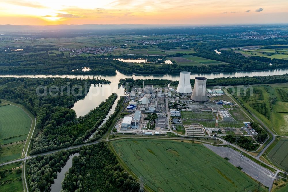 Philippsburg from the bird's eye view: Building the partly decommissioned reactor units and systems of the NPP - NPP nuclear power plant EnBW Kernkraft GmbH, Kernkraftwerk Philippsburg in Philippsburg in the state Baden-Wurttemberg, Germany