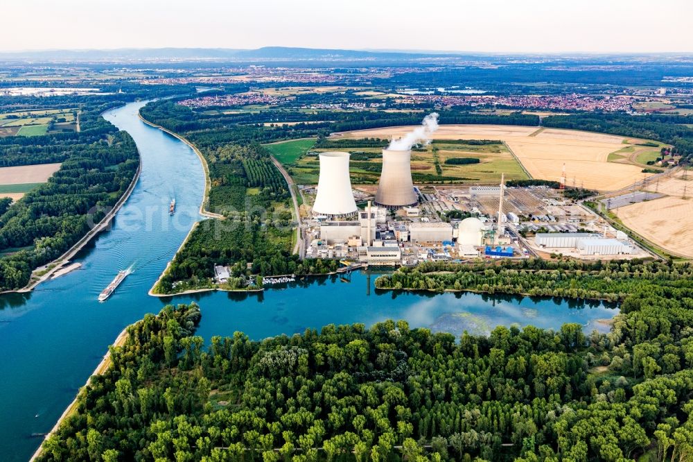 Aerial image Philippsburg - Building the partly decommissioned reactor units and systems of the NPP - NPP nuclear power plant EnBW Kernkraft GmbH, Kernkraftwerk Philippsburg in Philippsburg in the state Baden-Wurttemberg, Germany