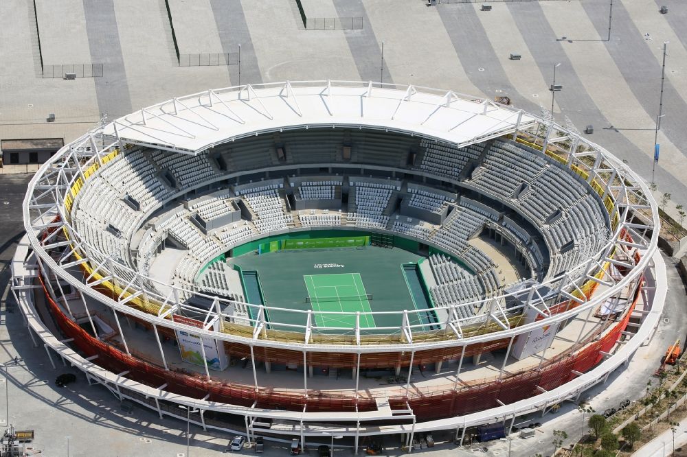 Aerial image Rio de Janeiro - Building the tennis arena with green field in Barra Olympic Park before the summer playing games of XXII. Olympics in Rio de Janeiro in Rio de Janeiro, Brazil
