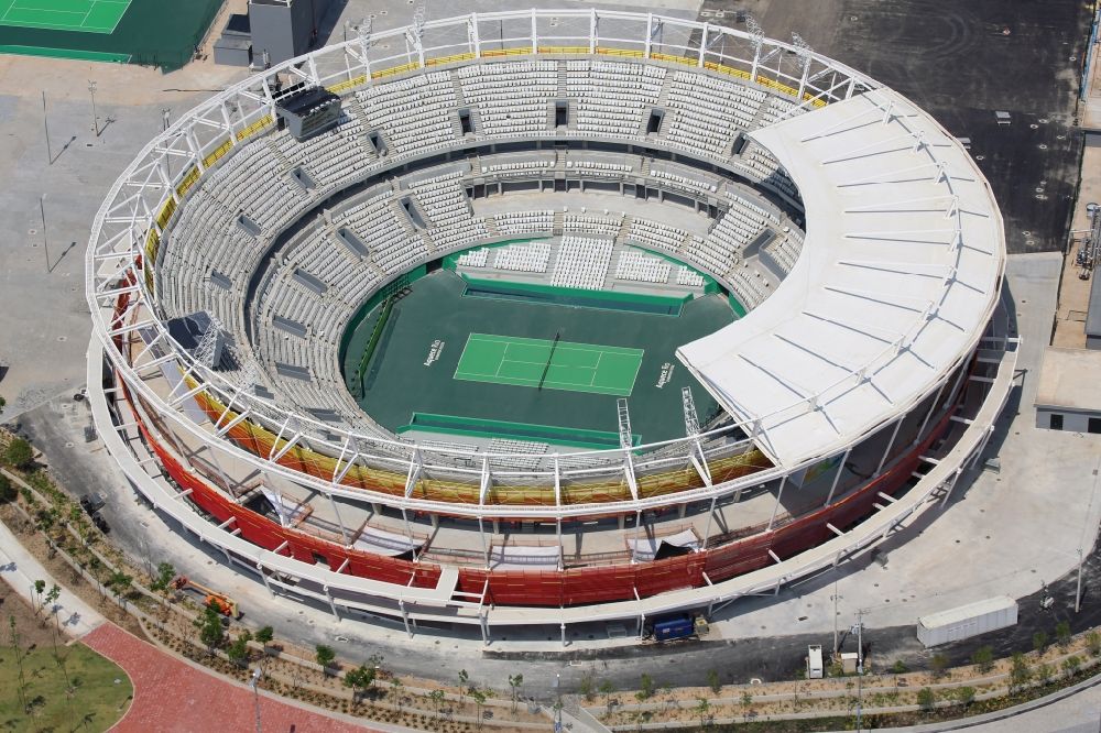 Aerial photograph Rio de Janeiro - Building the tennis arena with green field in Barra Olympic Park before the summer playing games of XXII. Olympics in Rio de Janeiro in Rio de Janeiro, Brazil
