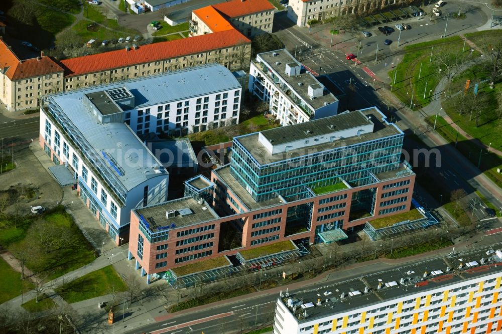 Aerial image Dessau - Office and administration building of the insurance company ALLIANZ and the Radisson Blu Hotel Fuerst Leopold in Dessau-Rosslau in the state Saxony-Anhalt, Germany -Rosslau in the state Saxony-Anhalt, Germany