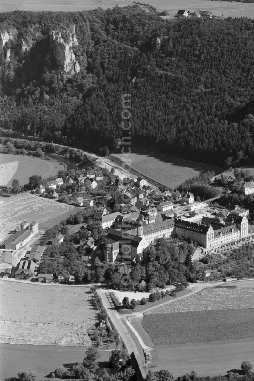 Beuron from above - Complex of buildings of the monastery Benediktiner Erzabtei St. Martin on Abteistrasse in the district Langenbrunn in Beuron at the upper Danube in the state Baden-Wuerttemberg