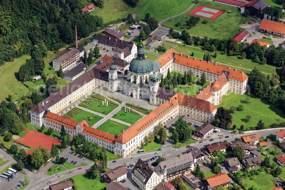 Ettal from the bird's eye view: Building complex of the Benedictine Abbey Ettal Abbey near Oberammergau in the state of Bavaria. The Benedictine monastery is a popular tourist attraction