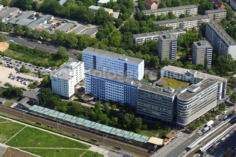 Aerial photograph Berlin - Office building of the administration and commercial building on Landsberger Allee - Storkower Strasse in the Prenzlauer Berg district in Berlin, Germany