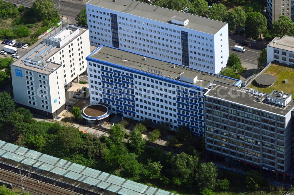 Berlin from above - Office building of the administration and commercial building on Landsberger Allee - Storkower Strasse in the Prenzlauer Berg district in Berlin, Germany