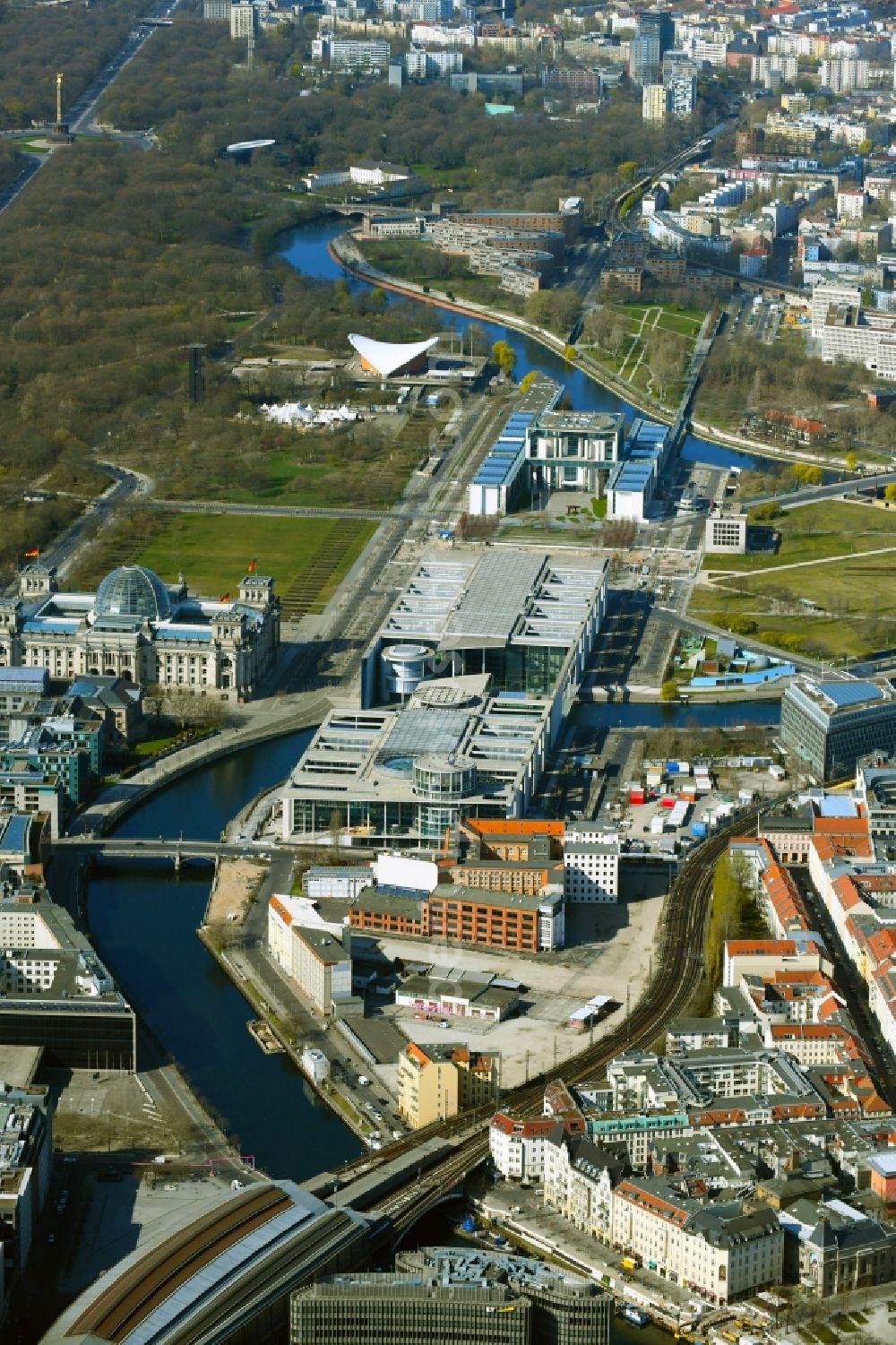 Berlin from above - Building complex of the Federal Chancellery and the Paul Loebe House and Reichstag building in the government district on the banks of the Spree at the Spreebogen in Berlin, Germany