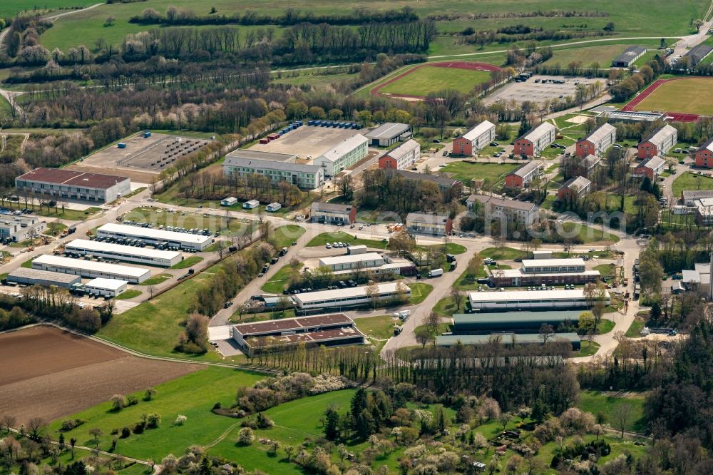 Bruchsal from above - Building complex of the German army - Bundeswehr military barracks a??General-Dr.-Speidel-Kasernea?? in Bruchsal in the state Baden-Wuerttemberg, Germany