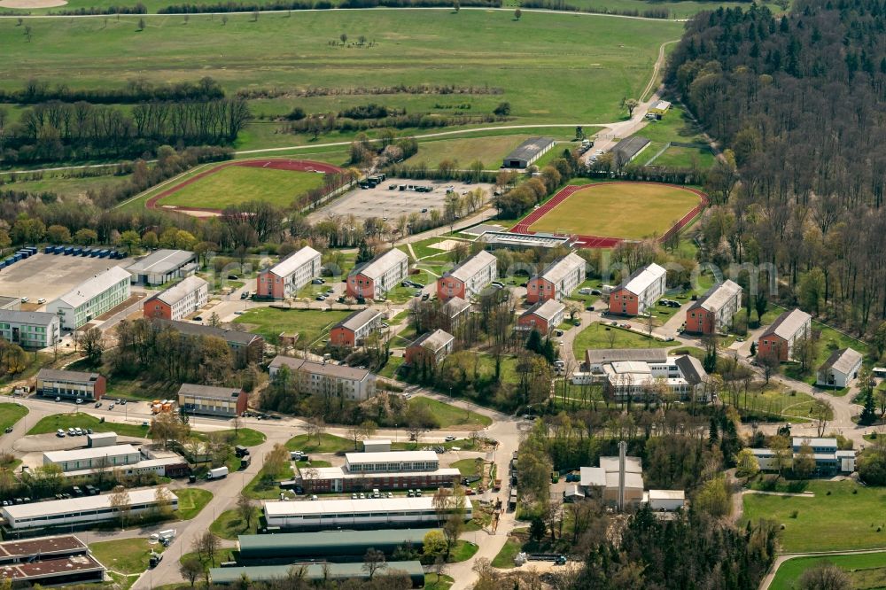Bruchsal from the bird's eye view: Building complex of the German army - Bundeswehr military barracks a??General-Dr.-Speidel-Kasernea?? in Bruchsal in the state Baden-Wuerttemberg, Germany