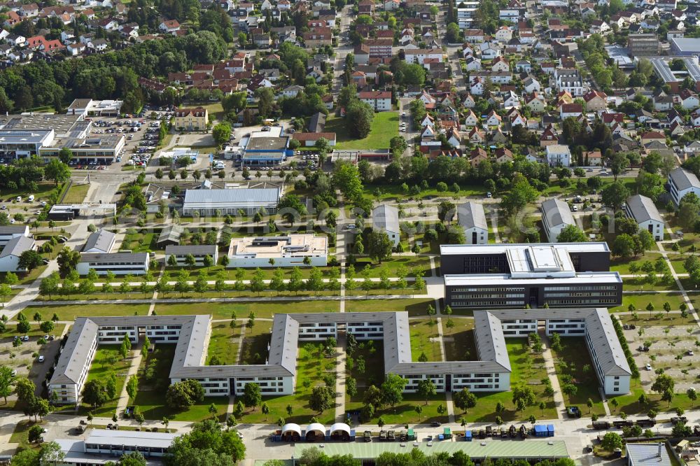 Ingolstadt from the bird's eye view: Building complex of the German army - Bundeswehr military barracks Kaserne Ingolstadt on Manchinger Strasse in Ingolstadt in the state Bavaria, Germany